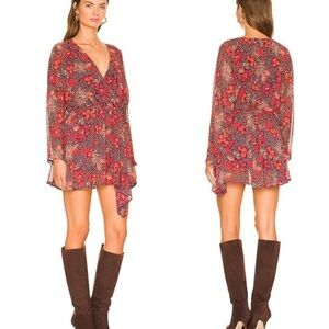 FREE PEOPLE Teegan Long Sleeve Floral Mini Dress in Peach Combo Sz XL Boho Glam